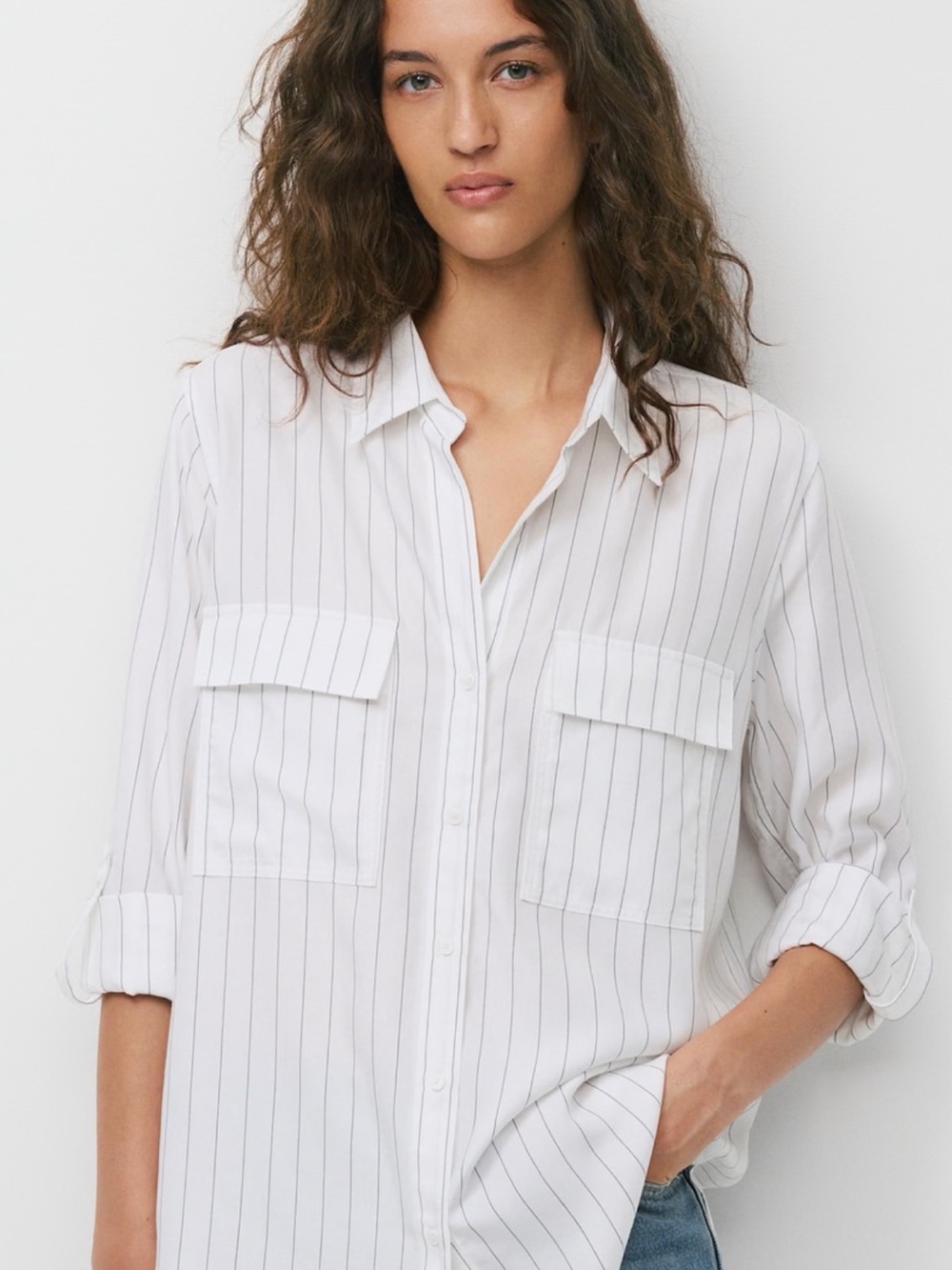 Babaton Aritzia White Button-Up Blouse with Light Blue Pinstripes